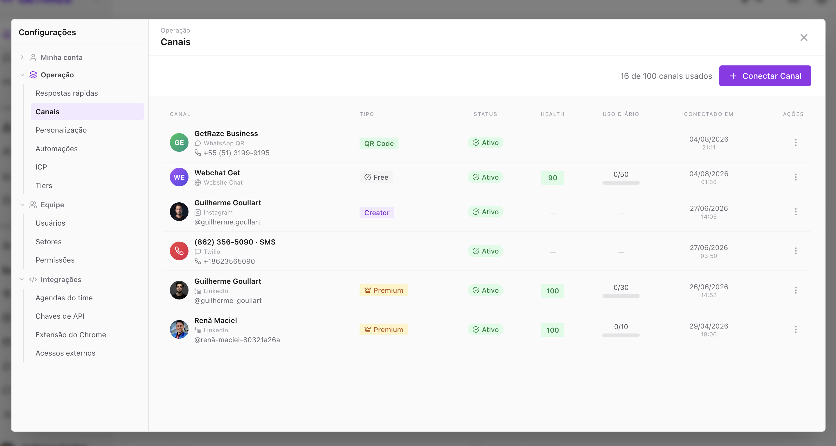 Tela de Canais Conectados, com a lista de canais já conectados e as colunas de tipo, status, health, uso diário e data de conexão