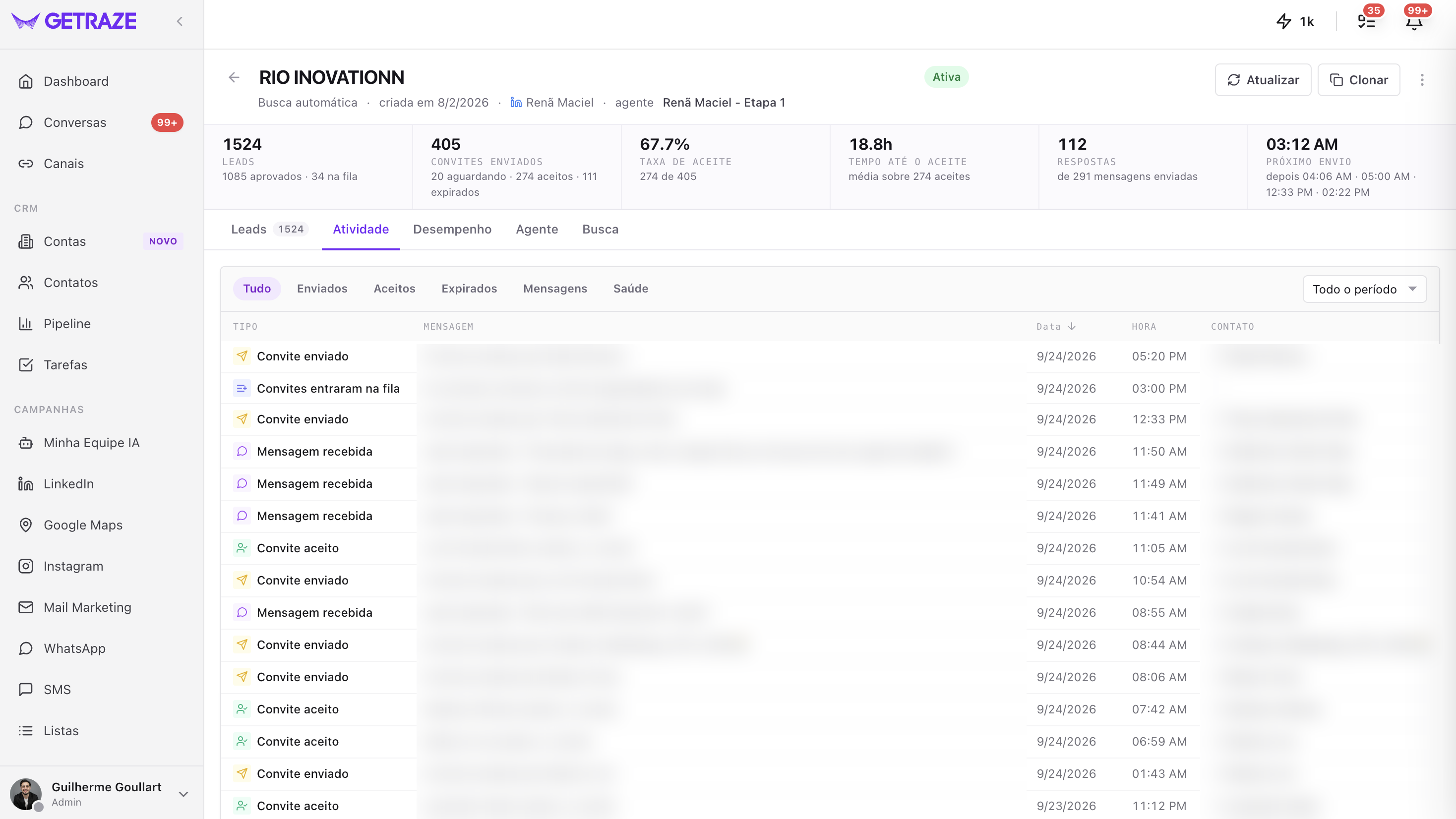 Aba Atividade do relatório, com os filtros por tipo de evento, o seletor de período e a tabela de eventos com tipo, mensagem, data, hora e contato