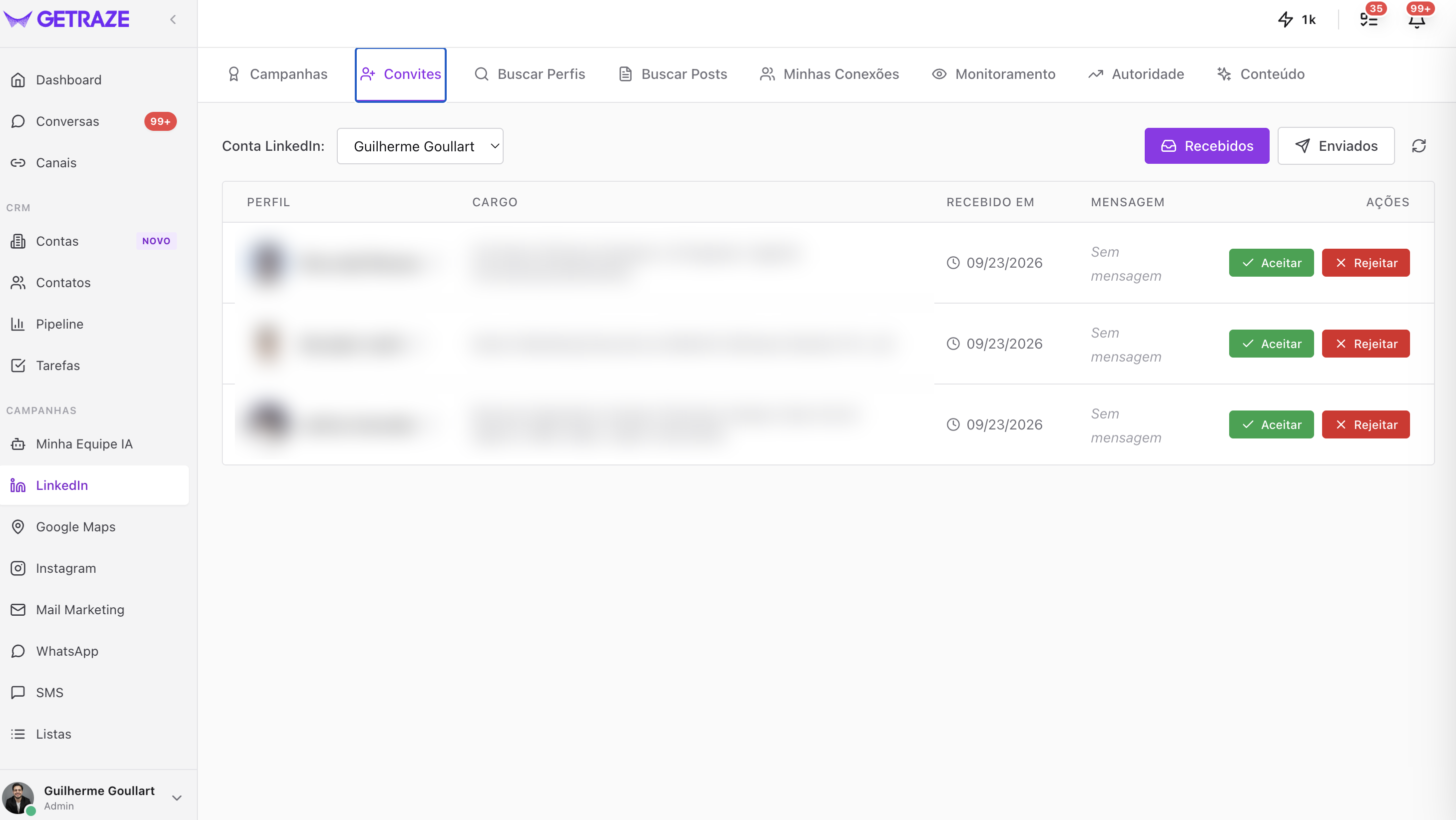 Tela de Convites, com o seletor de conta do LinkedIn, o alternador entre Recebidos e Enviados e a tabela de convites com perfil, cargo, data, mensagem e os botões de aceitar e rejeitar