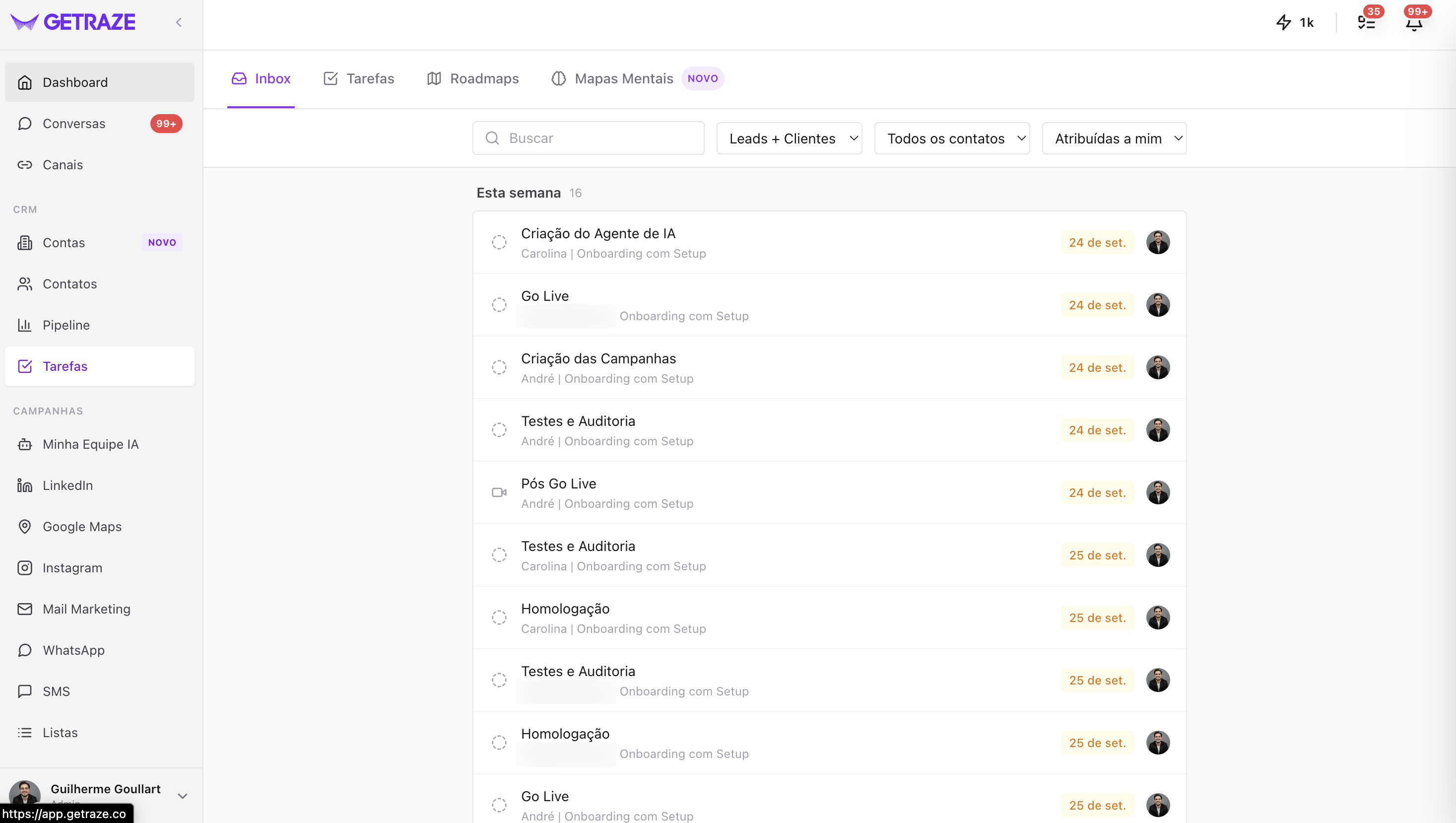Menu Tarefas com as quatro abas — Inbox, Tarefas, Roadmaps e Mapas Mentais — e o Inbox aberto